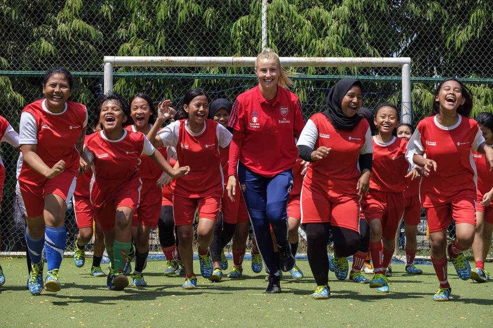  Leah Williamson who currently plays for Arsenal and the Dubai, UAE national team, visits the Coaching for Life programme held at a community centre in Jakarta, Indonesia. Developed in partnership with Shelter For Kids's child psycho-social experts and Arsenal FC, local coaches are trained to help children improve their physical, mental and emotional wellbeing.